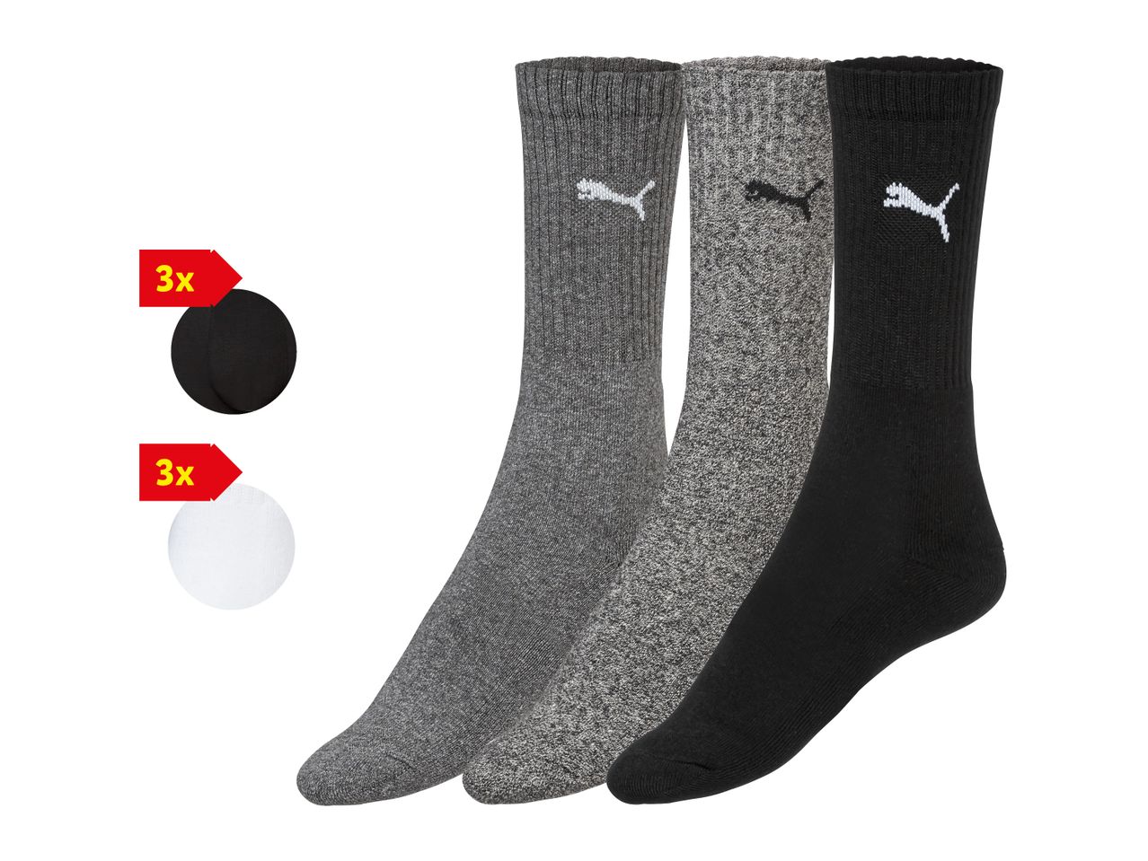 Confezione da 3 paia di calzini Puma in grigio, grigio mélange e nero, con logo.