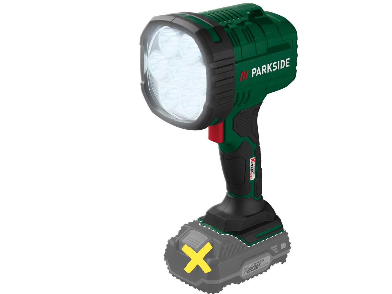 Luz de trabalho sem fio verde e preta com luz branca e um X amarelo na bateria.