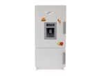 White toy refrigerator with a water dispenser, digital display, and food magnets.
