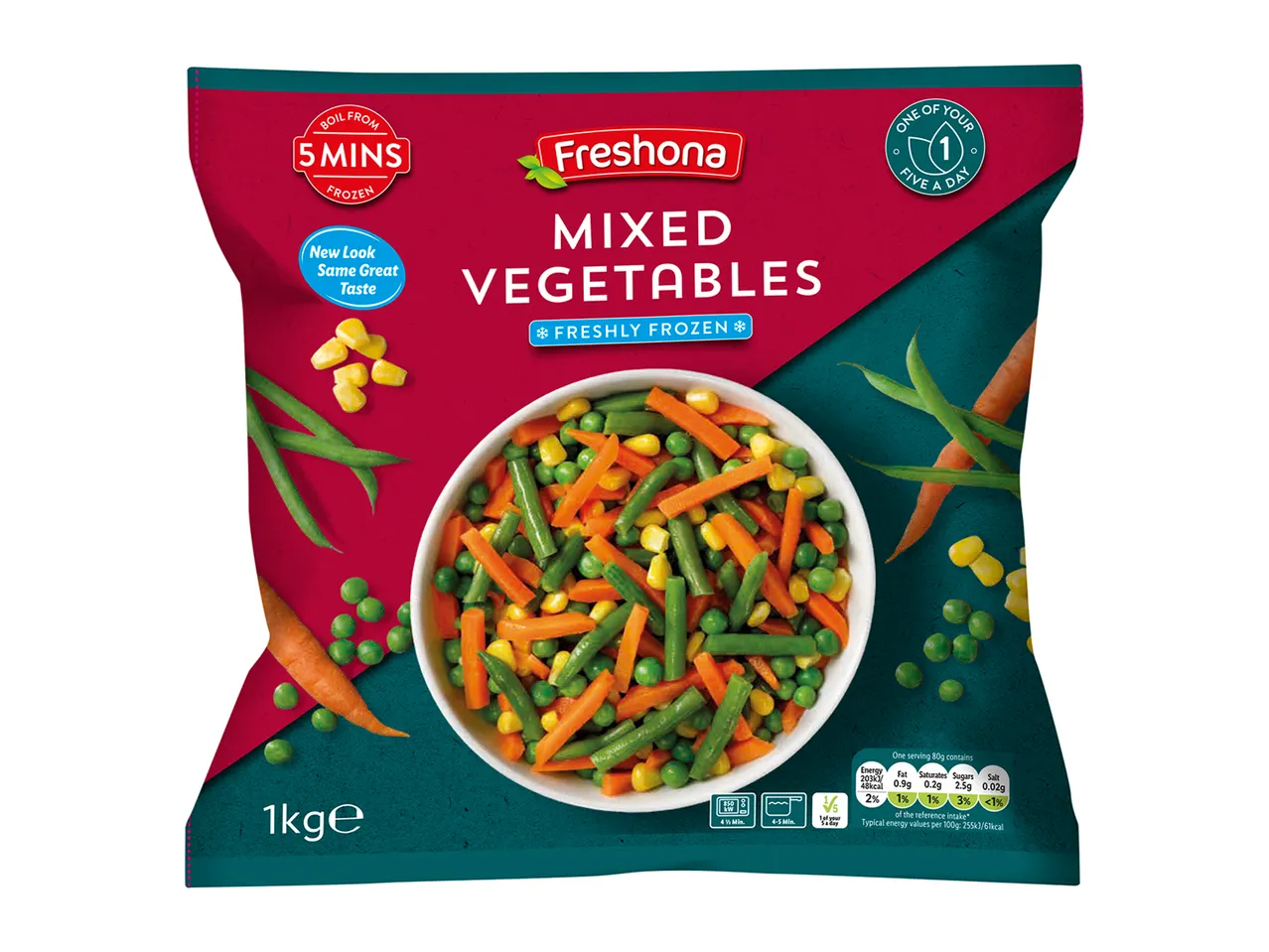 Freshoma: 1kg frozen mixed vegetables (peas, carrots, green beans, corn).