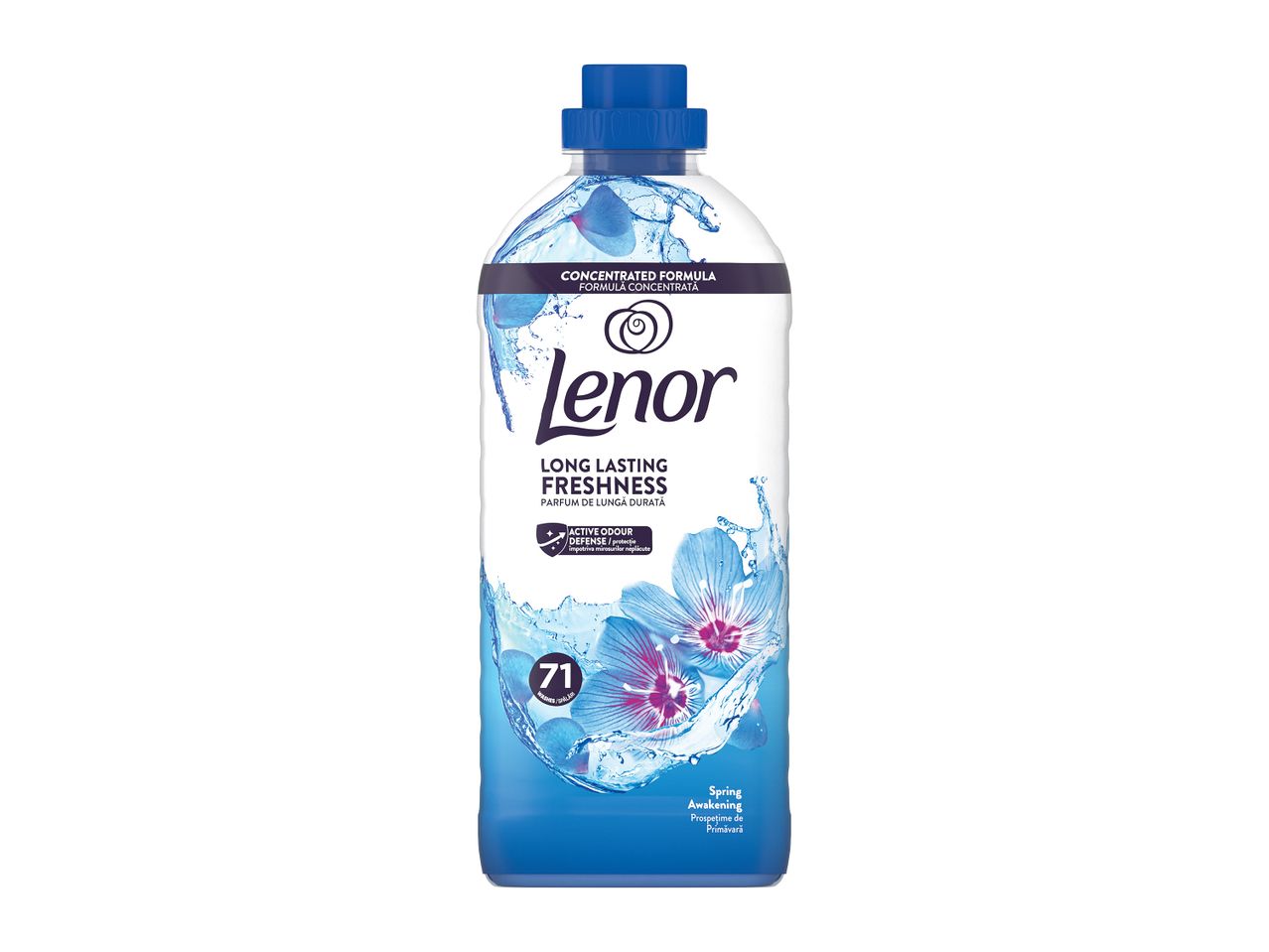 Balsam de rufe concentrat cu parfum de lungă durată, 71 de spălări, cu flori albastre.