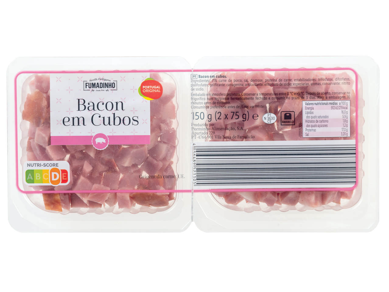 Fumadinho Bacon em Cubos com Nutri-Score D e informação nutricional.