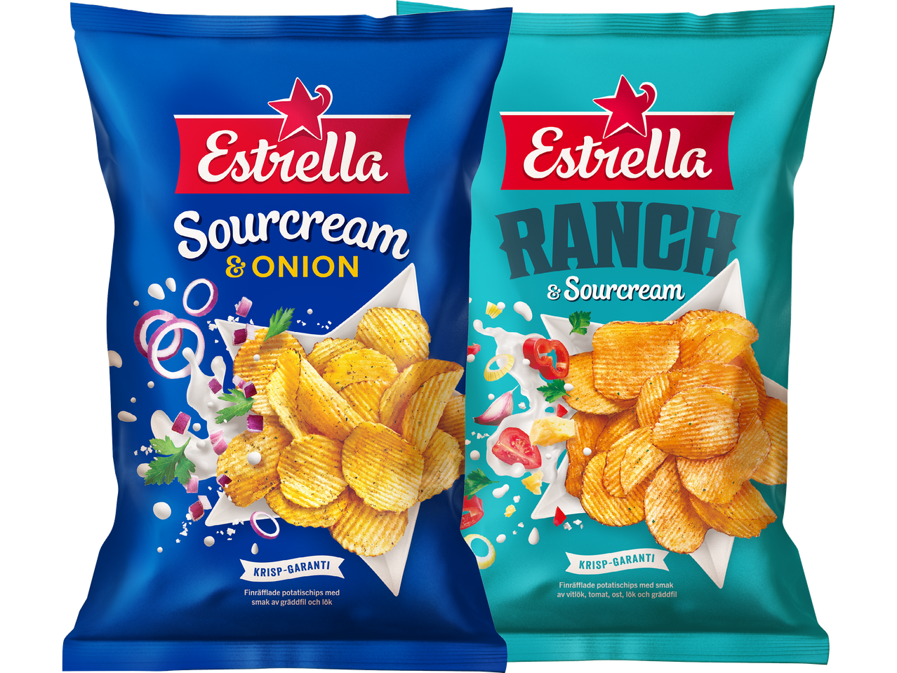 Två påsar Estrella potatischips: Sourcream & Onion i blått och Ranch & Sourcream i turkos.