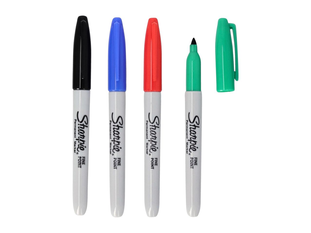 Four Sharpie permanent markers in black, blue, red, and green.