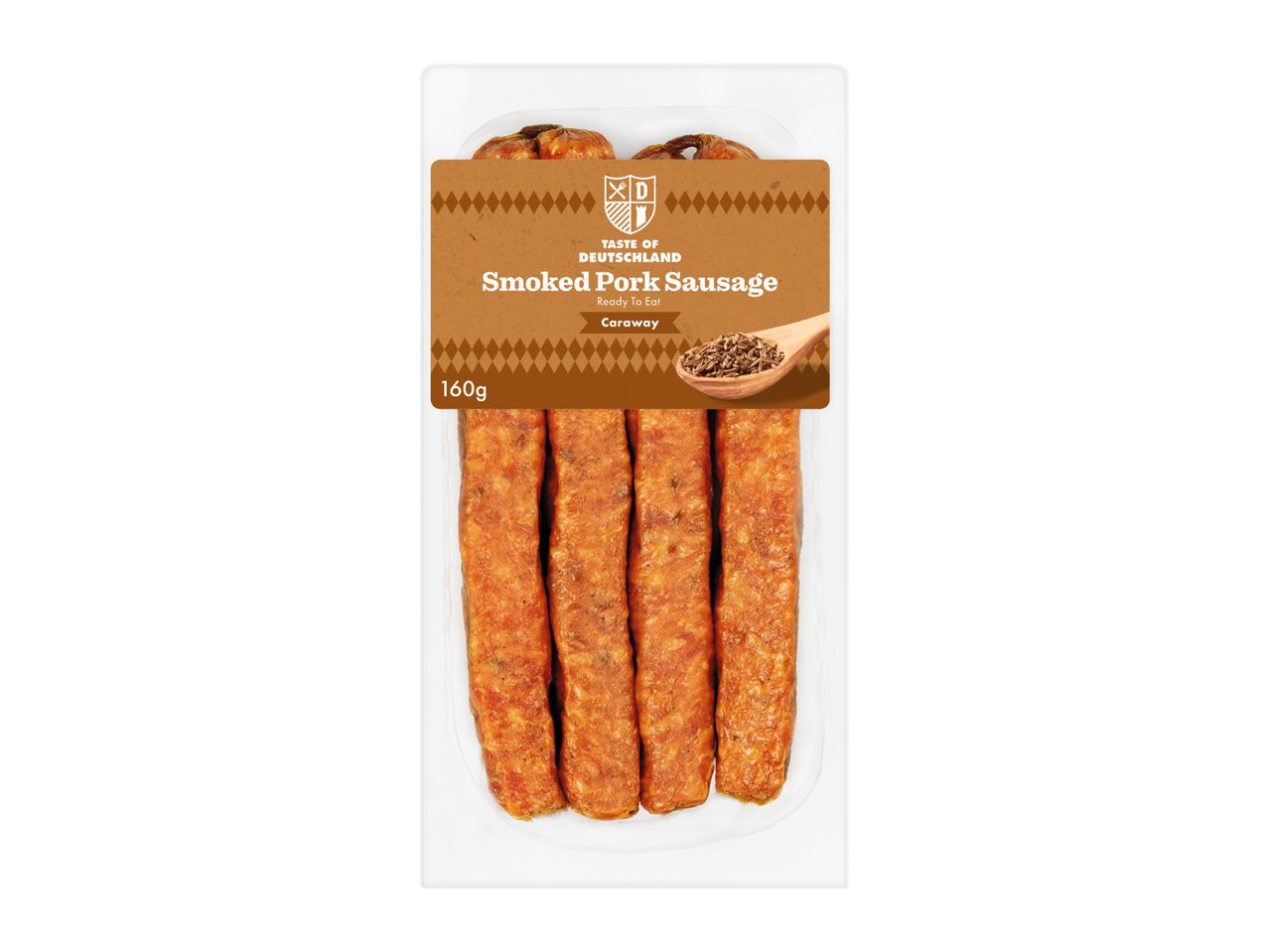 A 160g pack of smoked pork sausage with caraway.