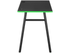 Black gaming table with a vibrant green trim and two cable grommets.