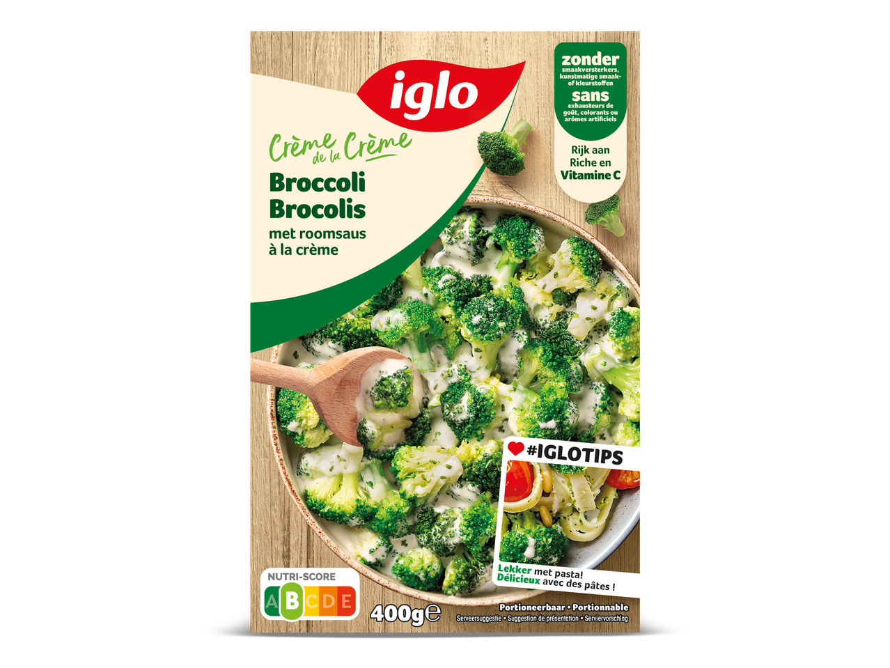 Verpakking van diepgevroren broccoli in roomsaus met Nutri-Score B, 400g.