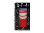 Conjunto de Beer Pong com copos vermelhos e azuis e bolas de pingue-pongue, em fundo estilo quadro.