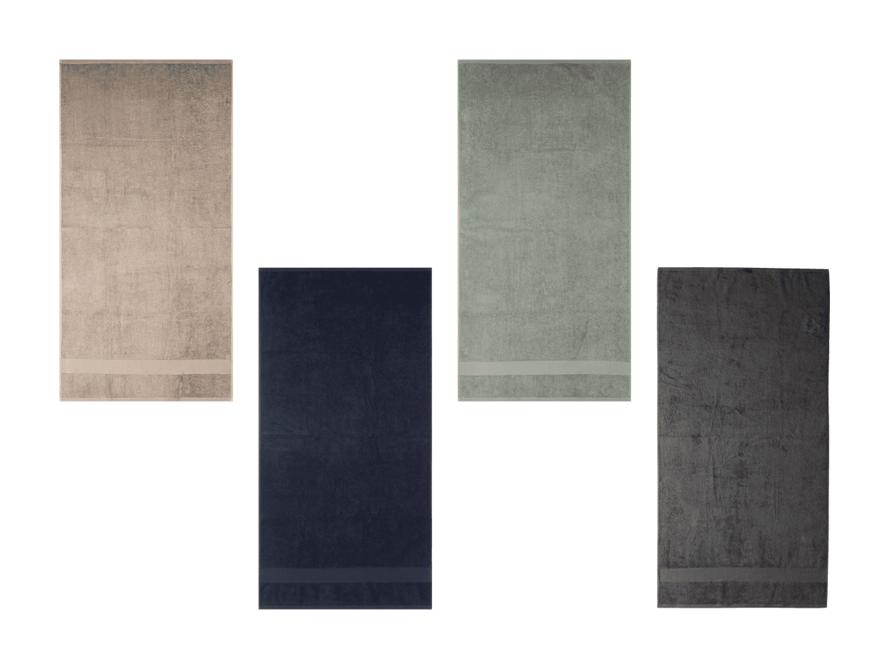 Serviettes de bain de différentes couleurs (bleu, gris, beige, vert), pliées seules ou par paires.