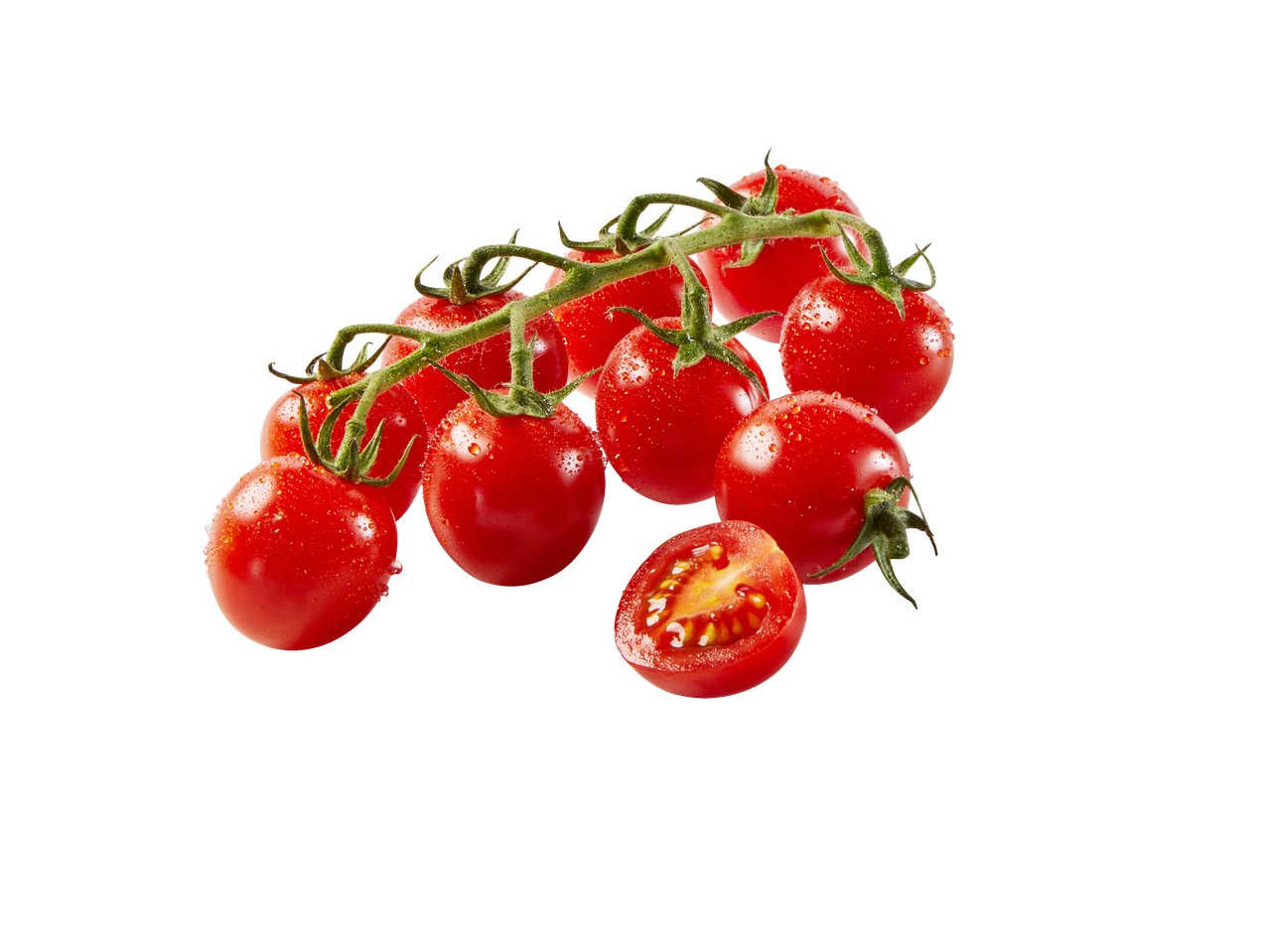 Švieži raudoni vyšniniai pomidorai ant šakelės su vandens lašeliais.