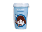 Lyseblå milkshakebæger med en tegneseriepige, der drikker af et sugerør, og teksten 'Milkshake Vaniljesmag'.