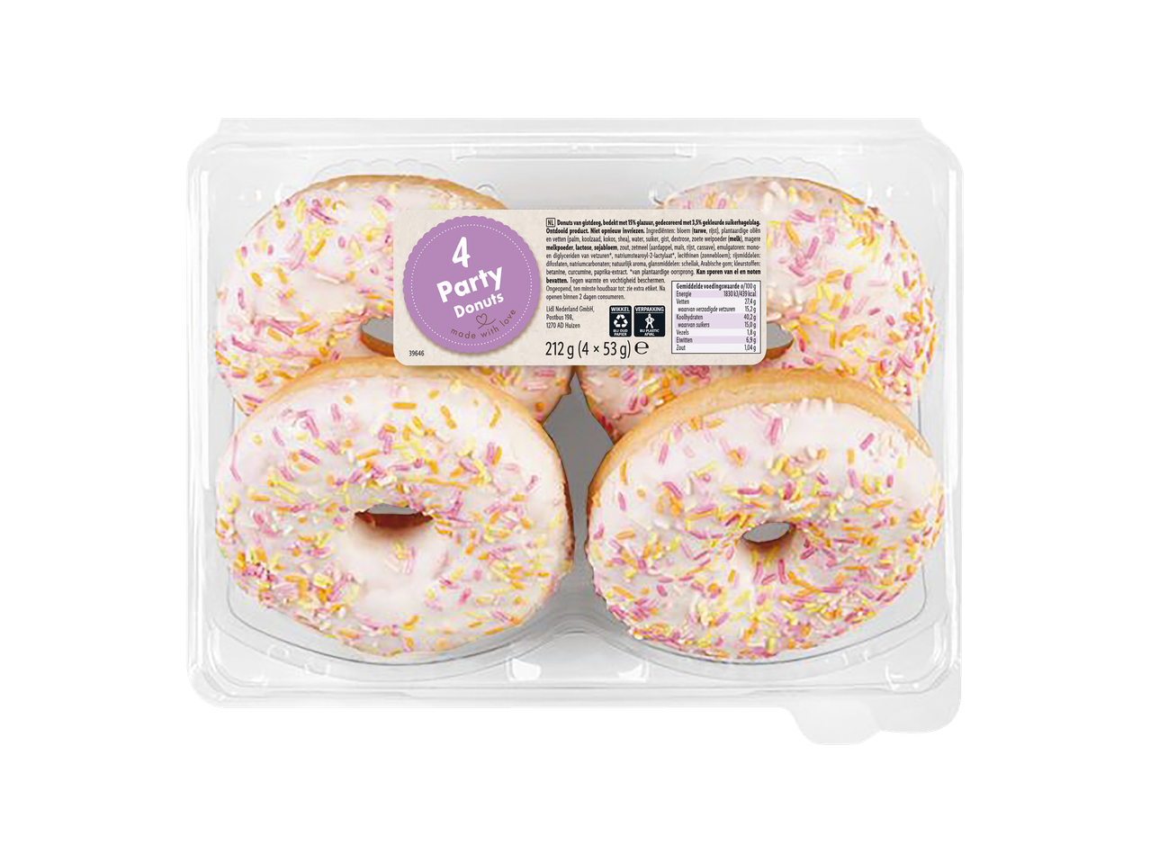 Vier party donuts met kleurrijke sprinkles in een plastic bakje.