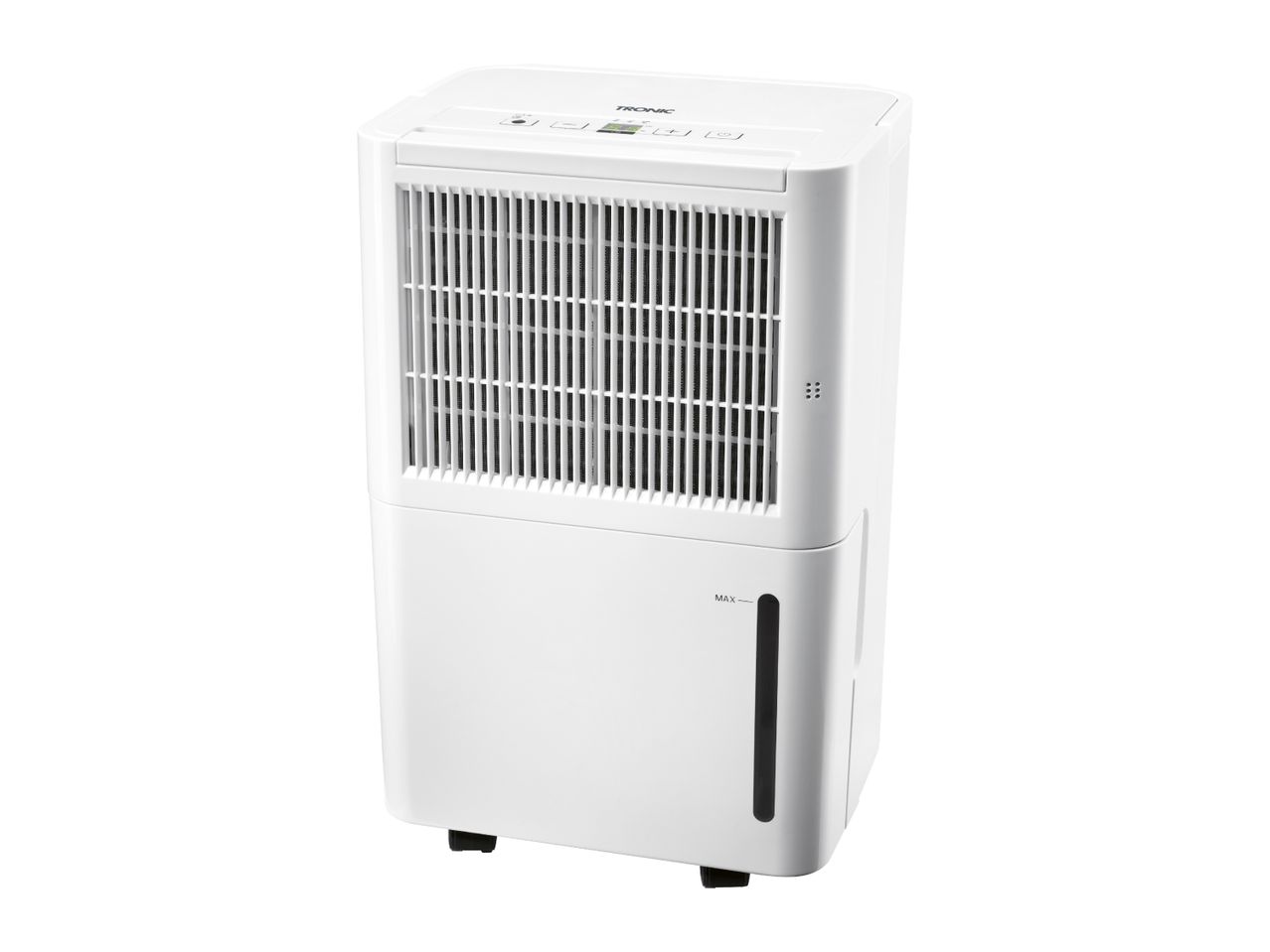 White dehumidifier with a digital display and a water level indicator