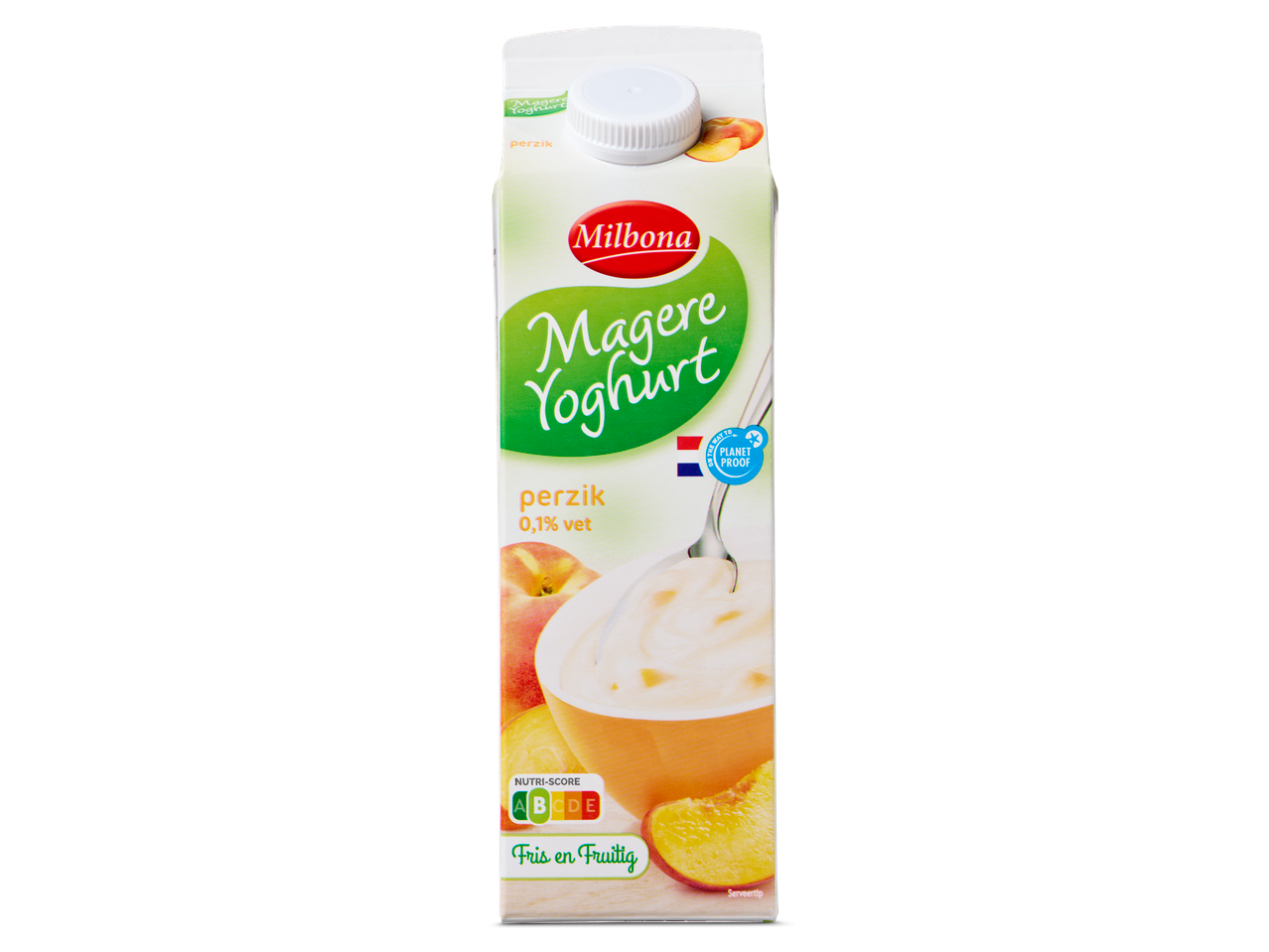 Milbona Magere Yoghurt perzik: 0,1% vet, fris en fruitig.