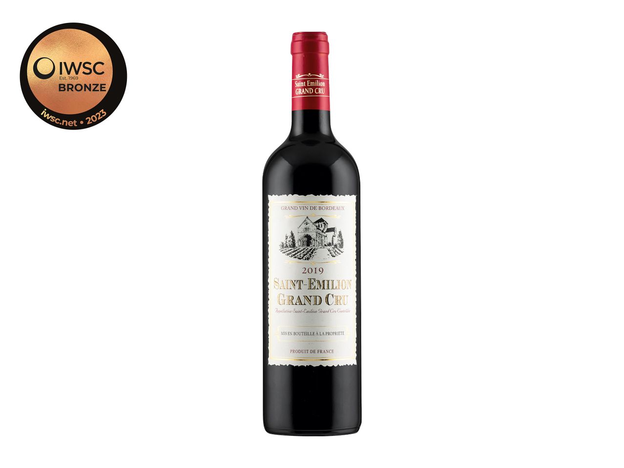 Saint-Emilion Grand Cru wine bottle, IWSC Bronze 2023 award.