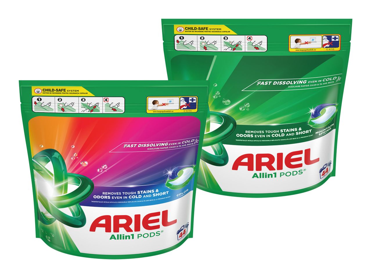 Două pungi de Ariel Allin1 PODS, una Mountain Spring și una Color, cu sistem de siguranță pentru copii.
