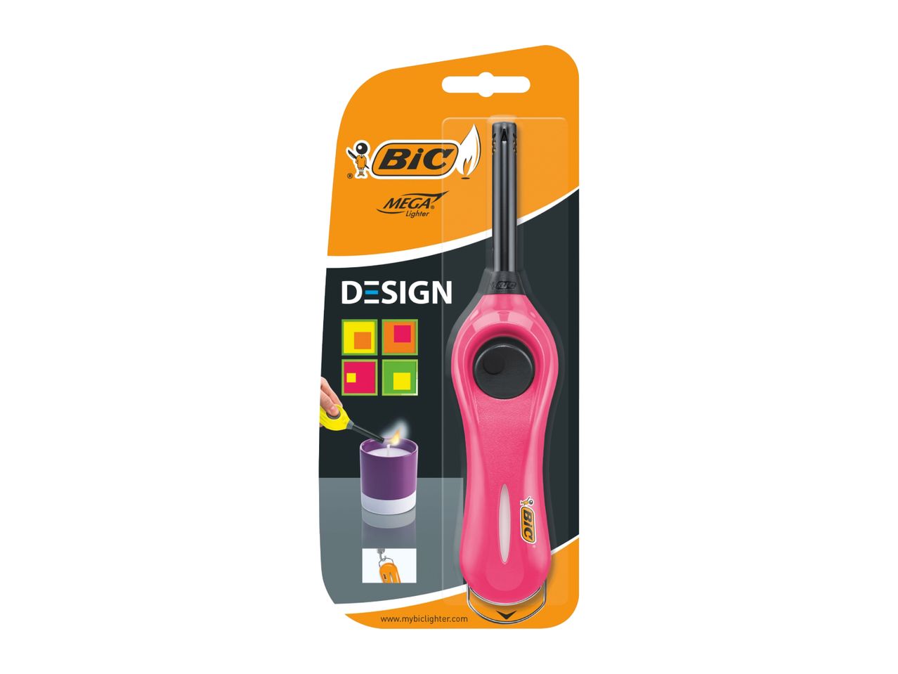 Pink long-reach lighter in blister packaging with design elements and a candle lighting illustration.