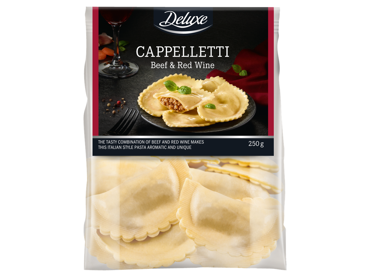 Deluxe Cappelletti makaronai su jautiena ir raudonu vynu, 250 g.