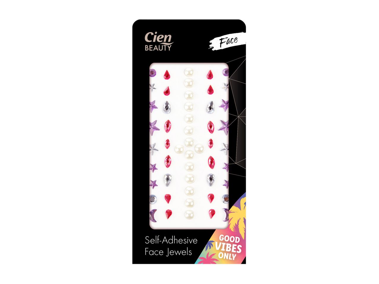 Cute Beauty self-adhesive nail jewels in red, pink, and white.