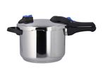 Stainless steel pressure cooker with black handles and blue accents on a white background.