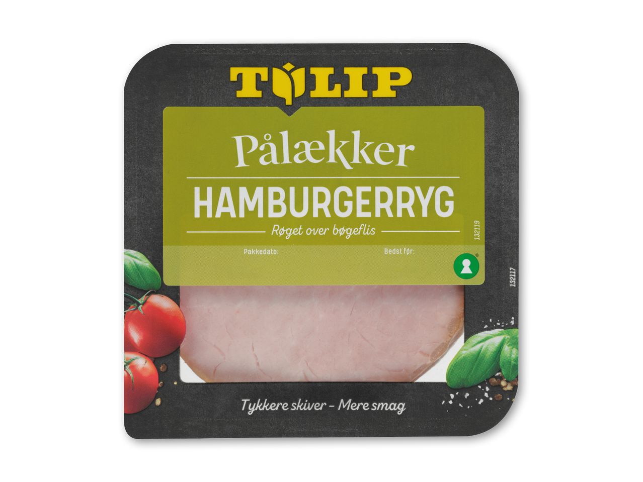 Pålæg af hamburgerryg, røget over bøgeflis, med tomater og basilikum.