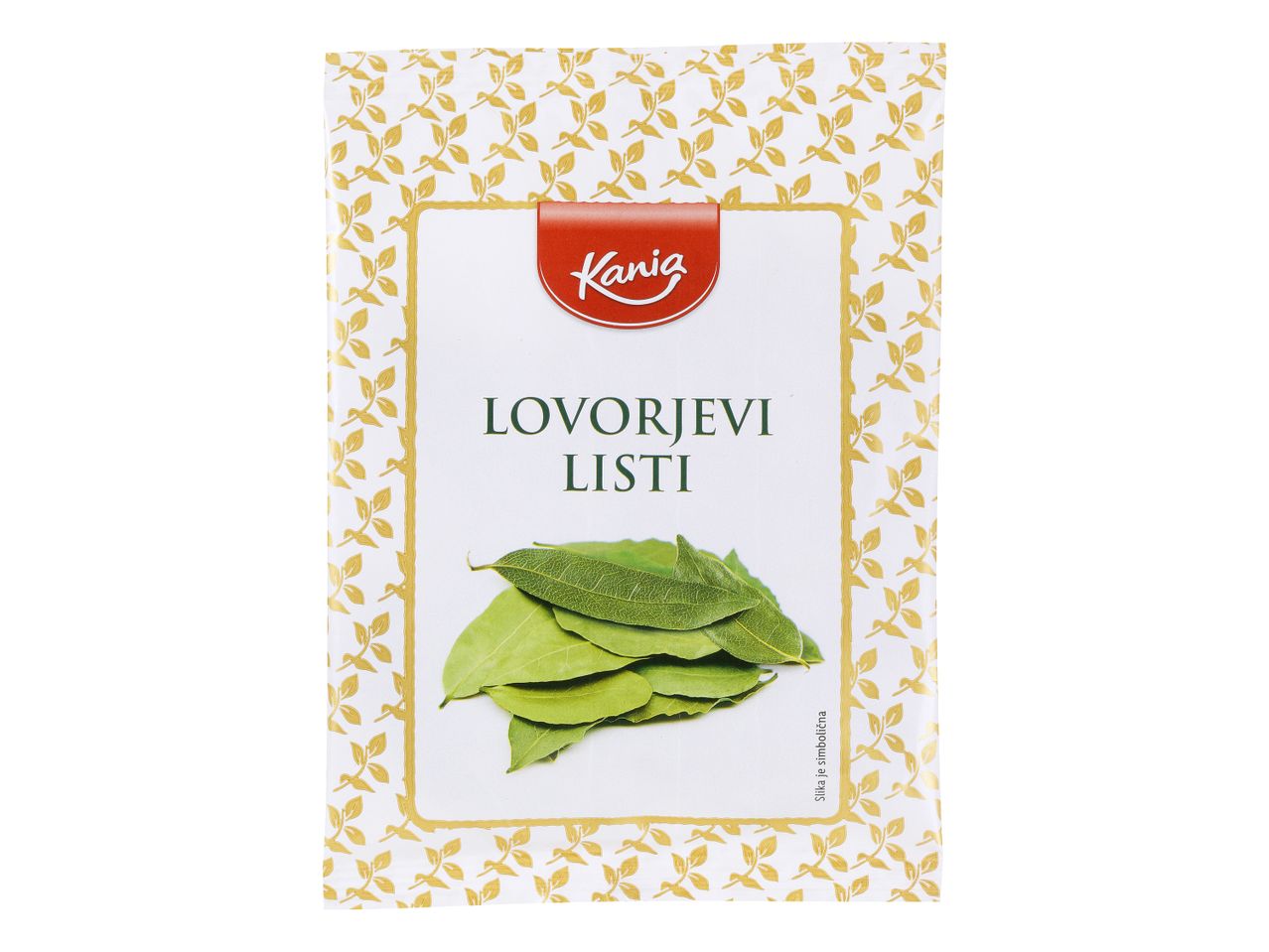 Kania lovorjevi listi v beli embalaži z zlatimi listi.