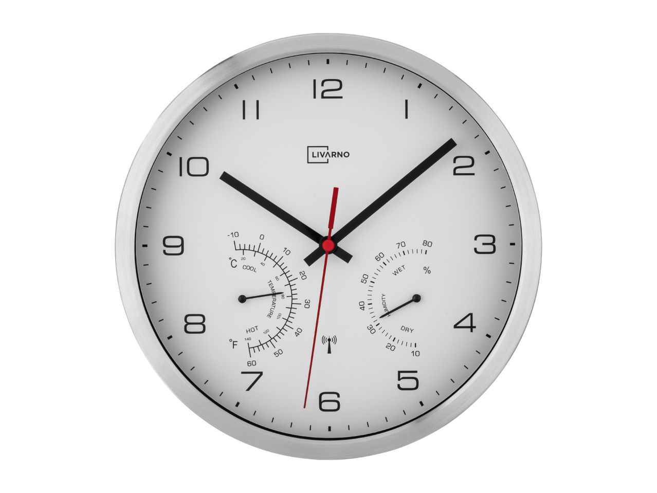 Wall clock with temperature and humidity display, white face, and silver frame.