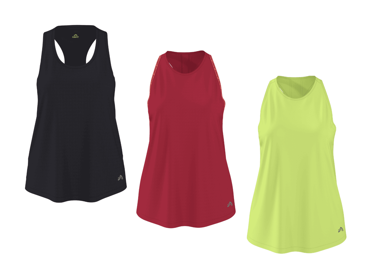 Tre canotte sportive da donna in nero, rosso e giallo neon.