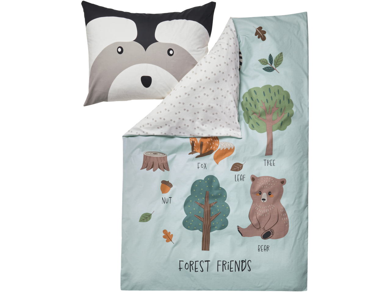 LIVARNO dvipusė patalynė su meškėno pagalve ir miško gyvūnų antklode.