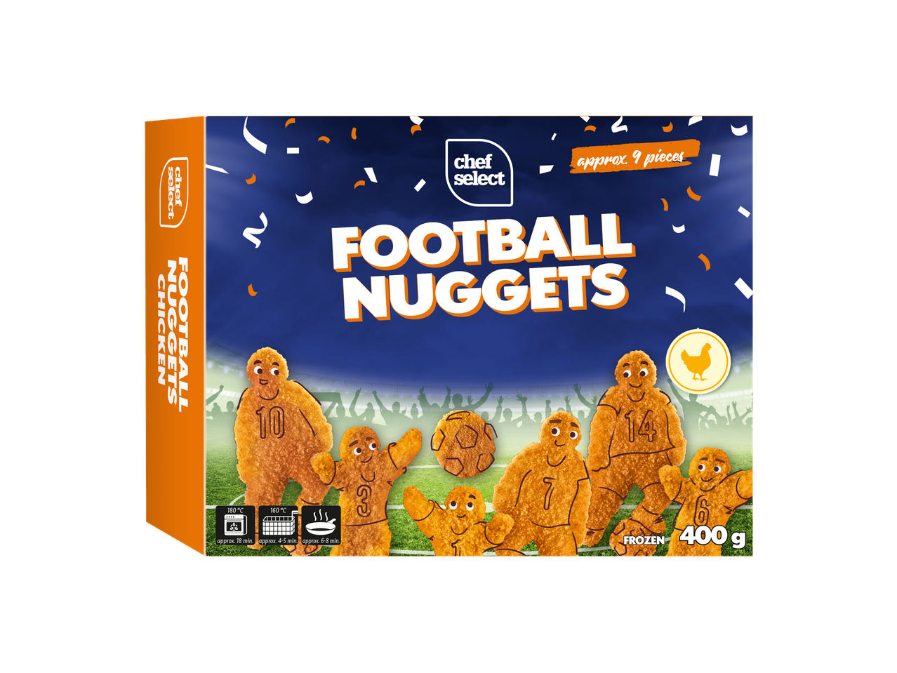 Chef Select Football Nuggets de frango, 400g congelados, com instruções de cozedura.