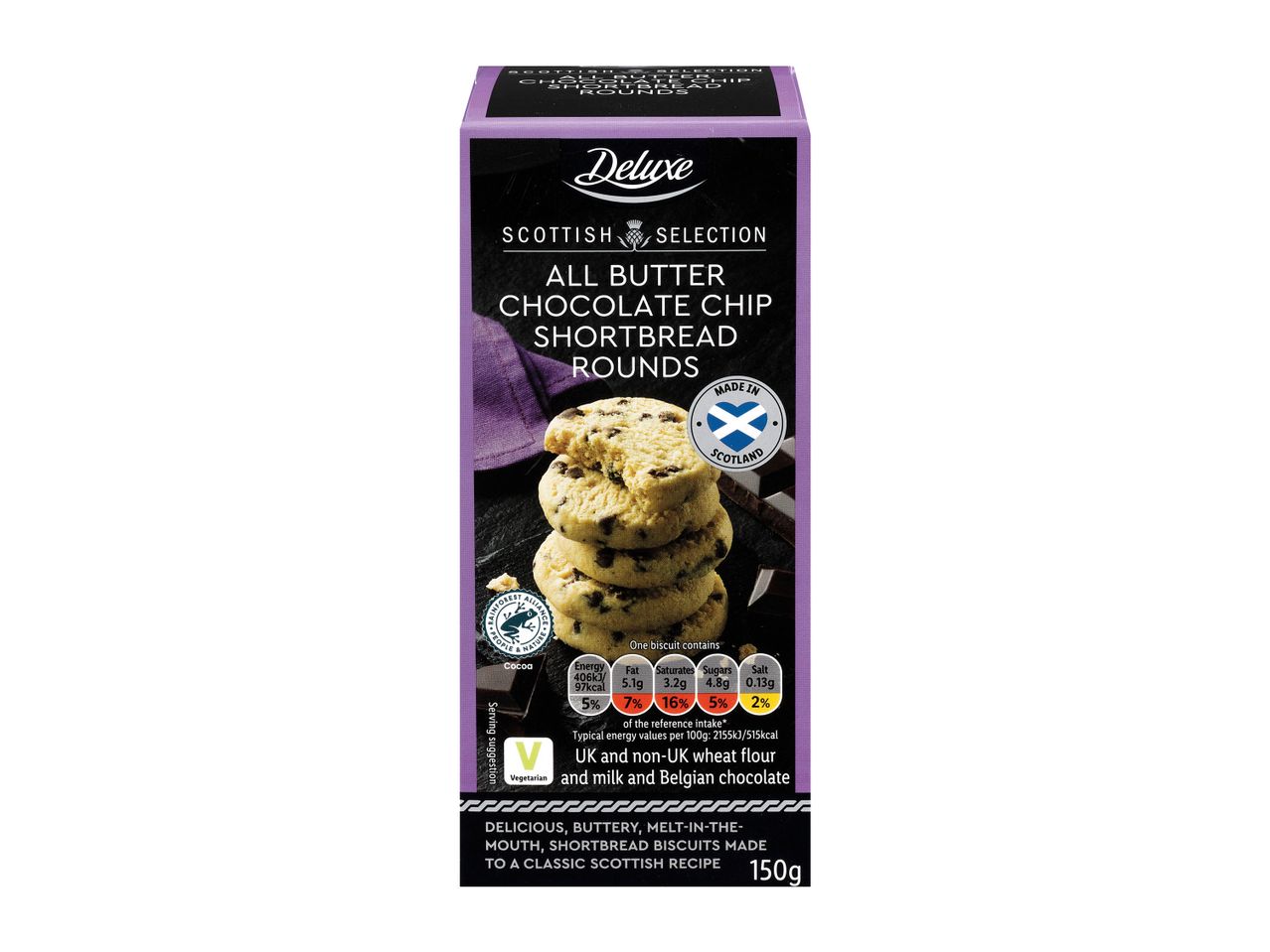 Deluxe Scottish all butter chocolate chip shortbread rounds.