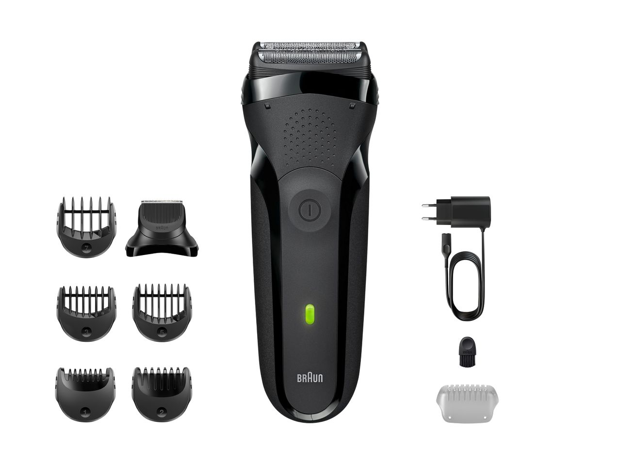 Braun elektrisk barbermaskine med flere kamme, oplader og tilbehør.