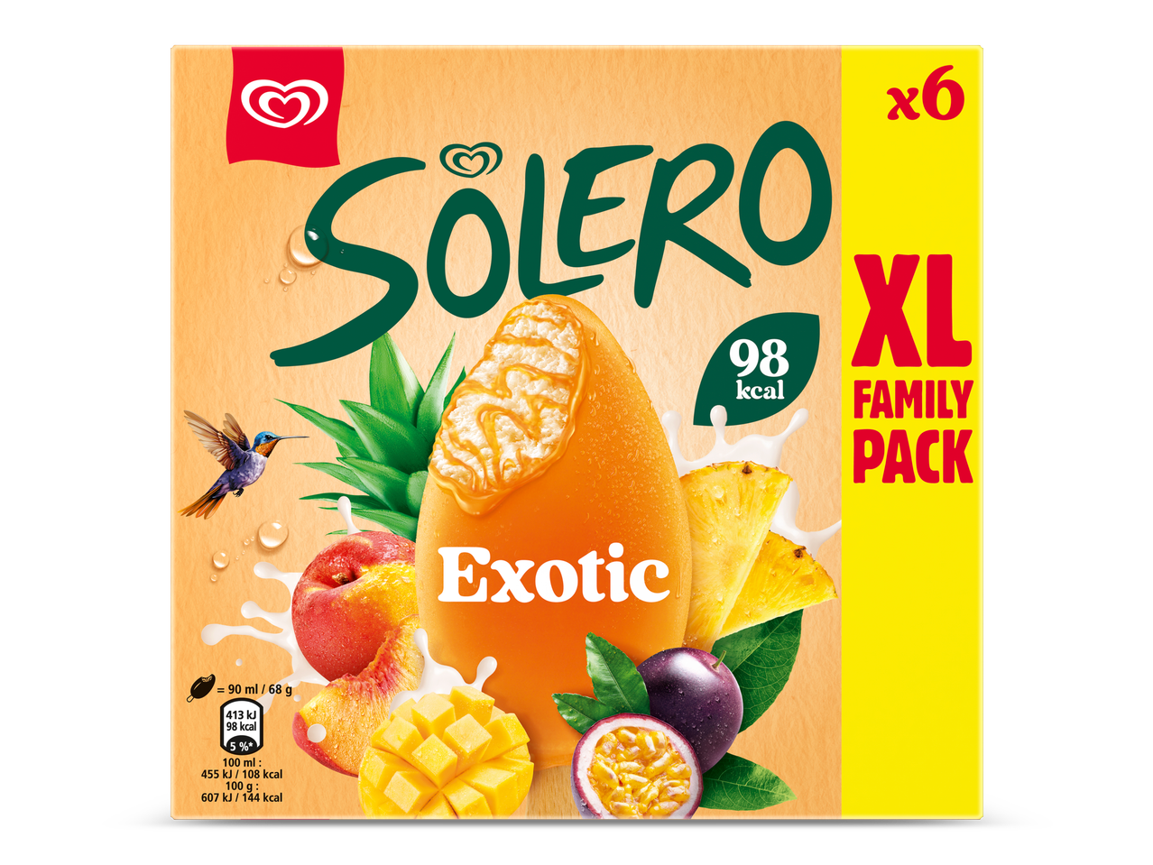 Solero Exotic ijs multipack met 6 XL familieverpakking, 98 kcal per portie.