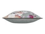 A floral patterned cushion with a grey base and a brown piped edge.