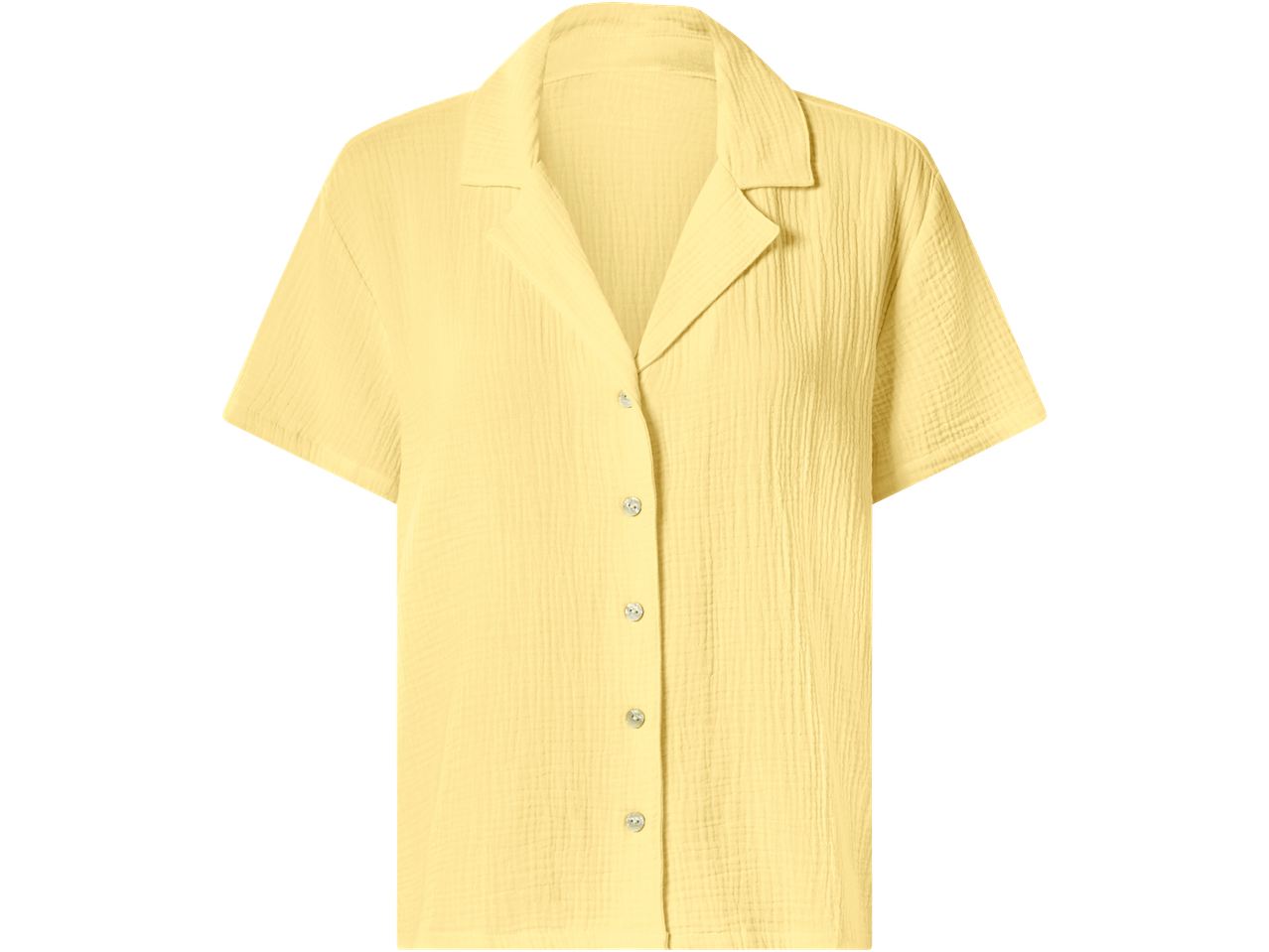 Camisa amarela de manga curta com botões e gola.