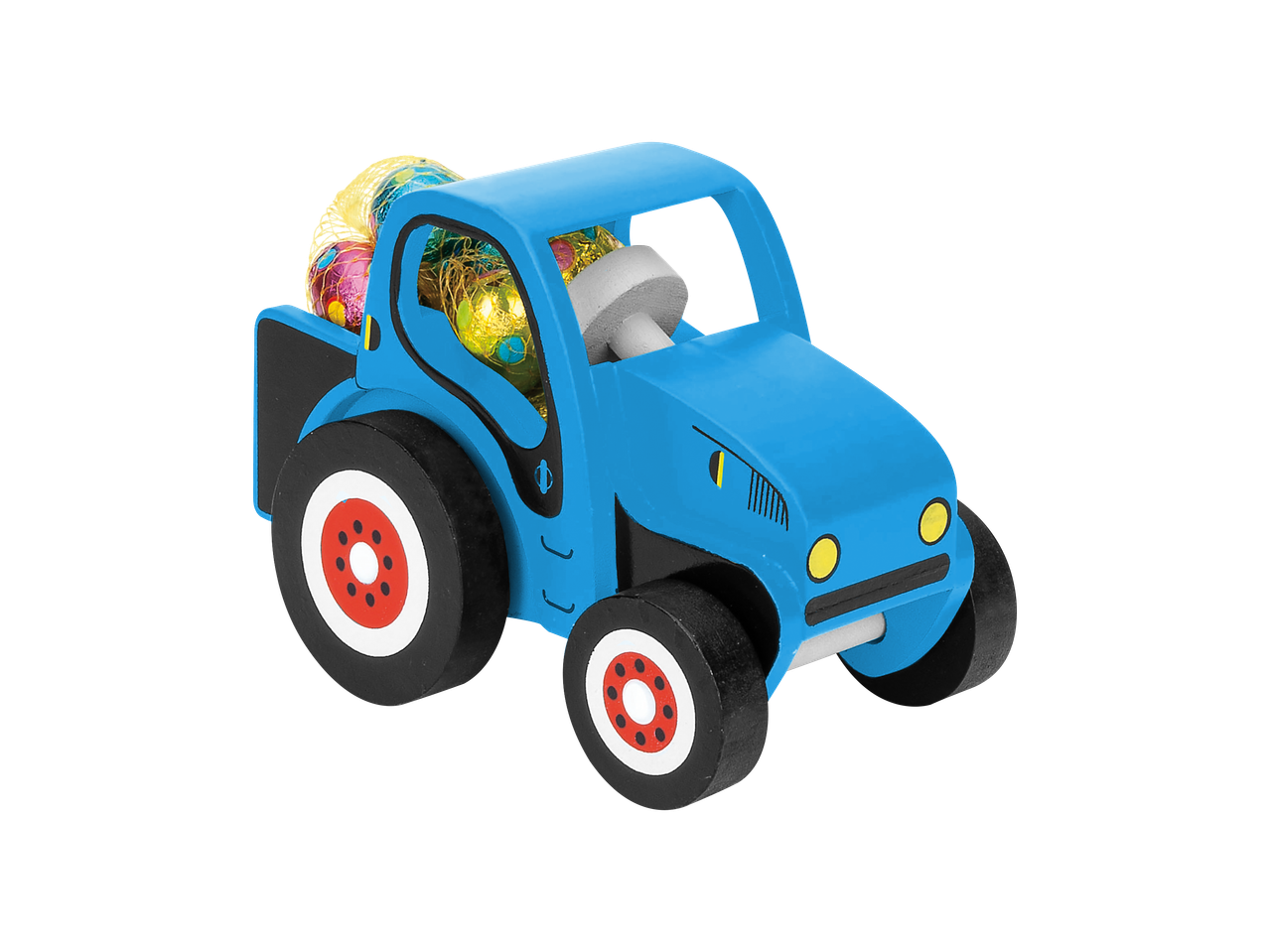 Plavi drveni traktor sa čokoladnim uskršnjim jajima Favorina.