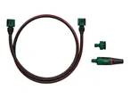Garden hose with connectors and spray nozzle.