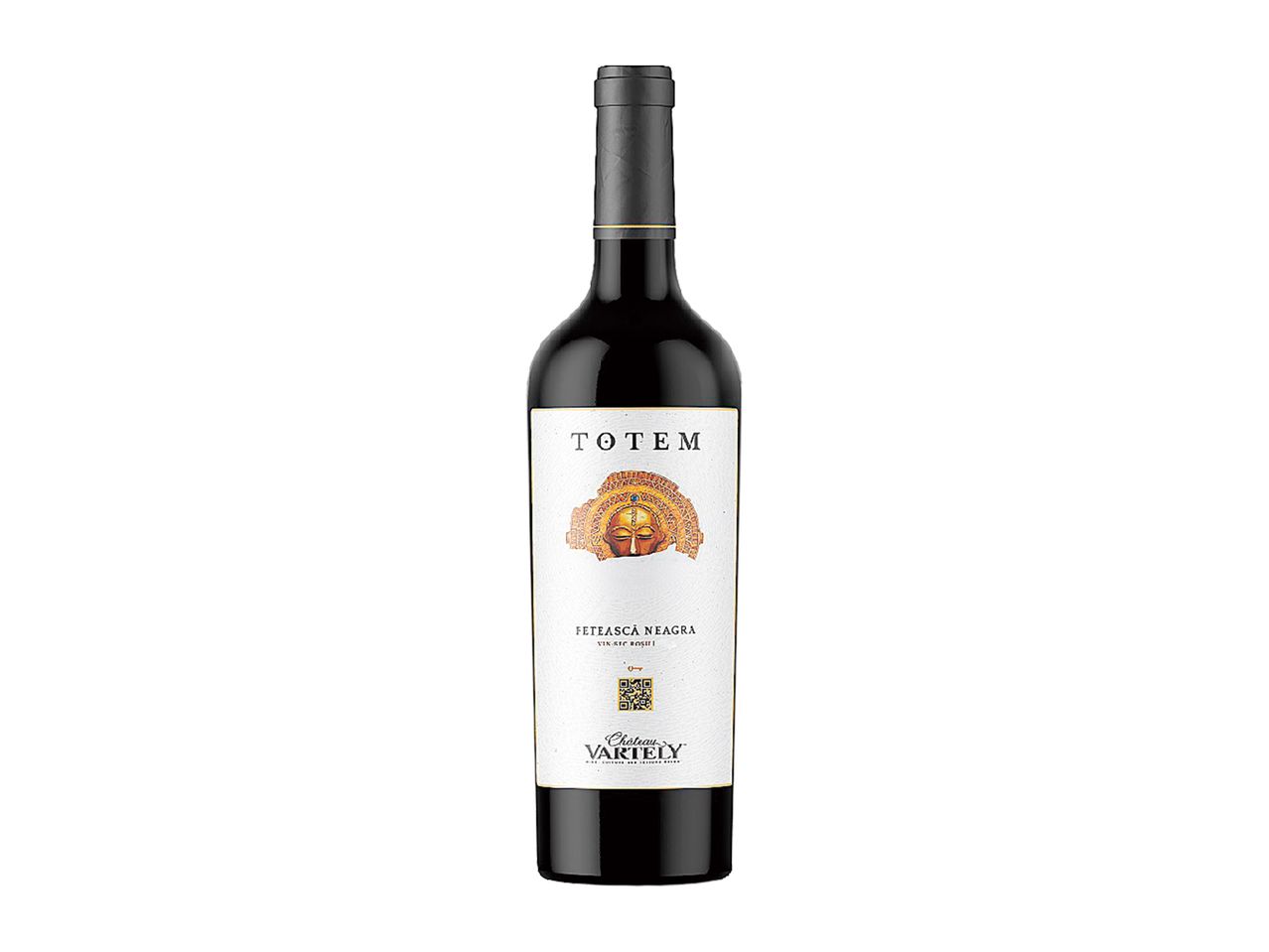 O sticlă de vin roșu Totem Fetească Neagră de la Chateau Vartely.