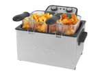 Salter deep fat fryer with two baskets, one filled with chips and the other with chicken wings.