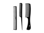 Three black hair combs of varying sizes and styles, including a tail comb, on a white background.