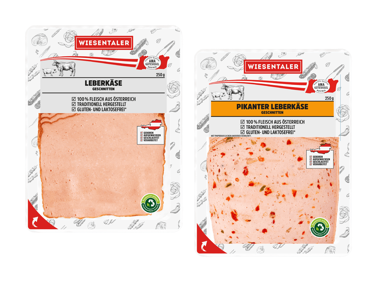Zwei Scheiben Aufschnitt von Wiesenhof: Geflügelschinken und Paprika-Schinken.