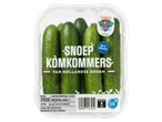Verpakking met snackkomkommers, met de tekst 'Snoep Komkommers' en 'Van Hollandse Bodem'.