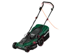Parkside® electric lawnmower in green and black with red accents, angled view.