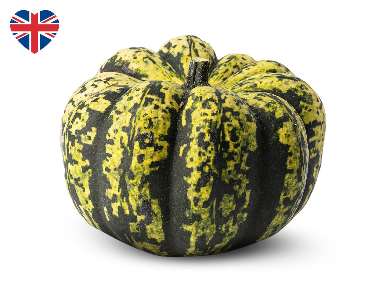 Green and yellow speckled squash with a heart-shaped Union Jack flag in the corner.