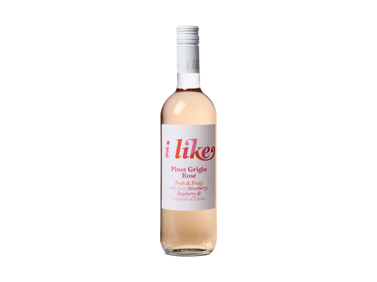Een fles roséwijn met een wit etiket met de tekst 'i like Pinot Grigio Rosé' en een beschrijving van de smaak.