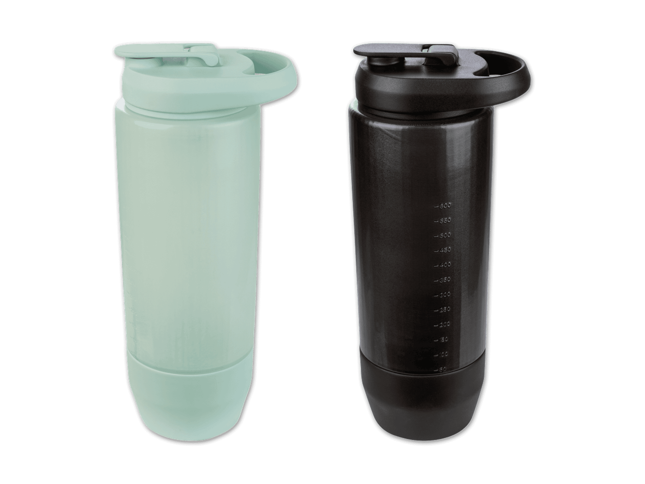 Zwei Shaker-Flaschen, eine hellgrüne und eine schwarze, mit Messskala.
