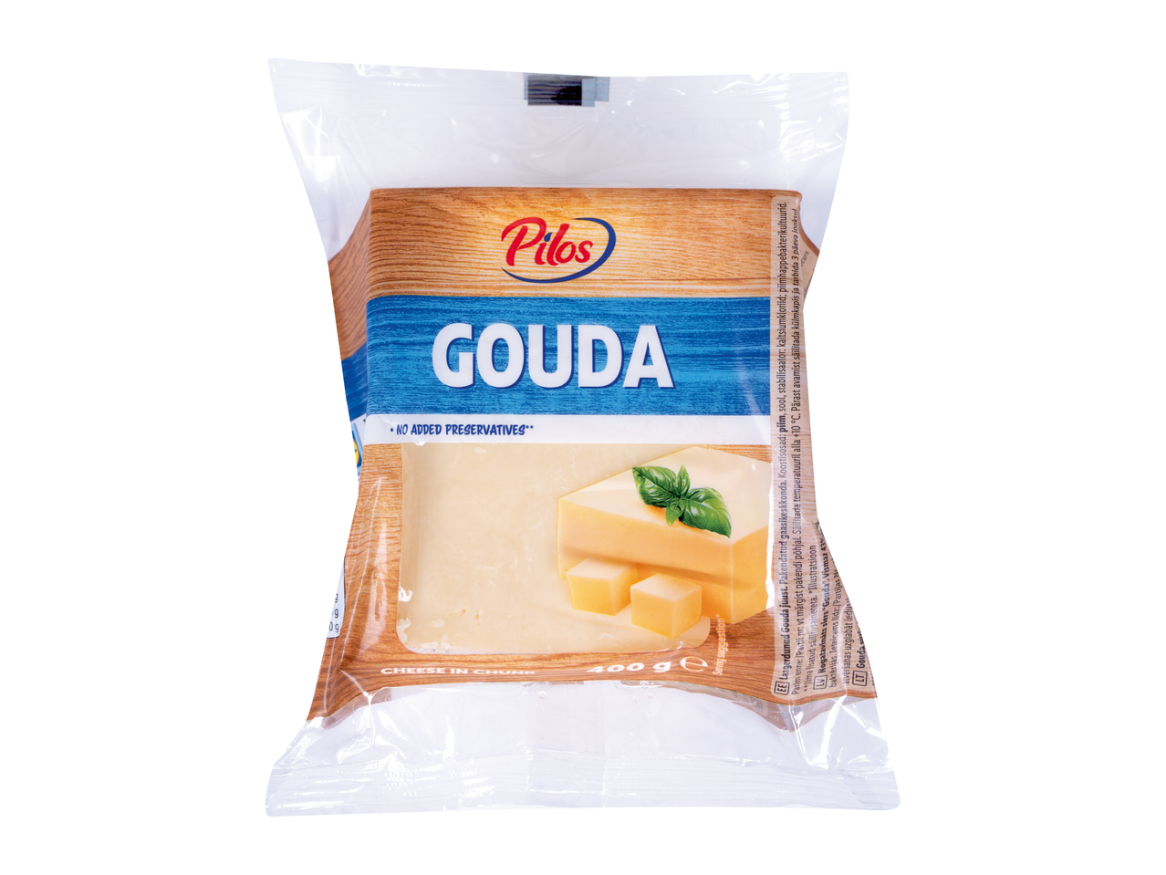 Brânză Gouda Pilos într-un ambalaj de 400g, cu sugestie de servire.