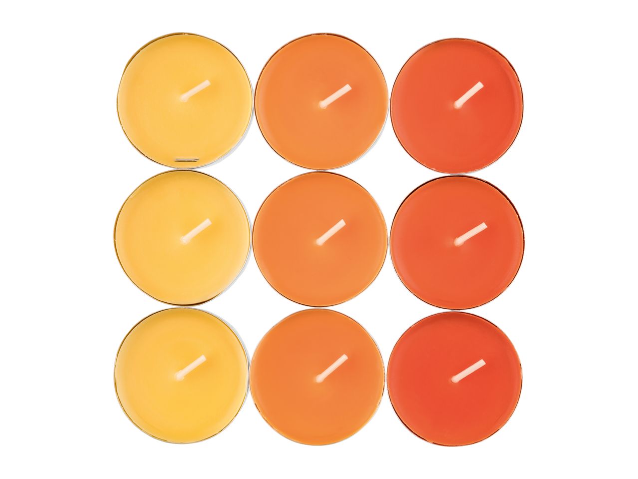 Nine tea light candles in shades of yellow, orange, and red, arranged in a grid.