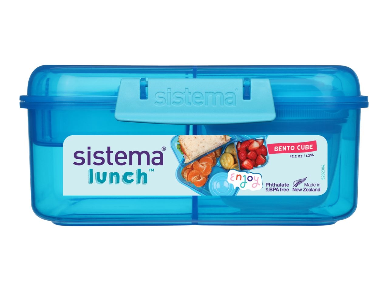 Blue bento lunch box with compartments for sandwich, fruit, and crackers, labeled 'BENTO CUBE'.