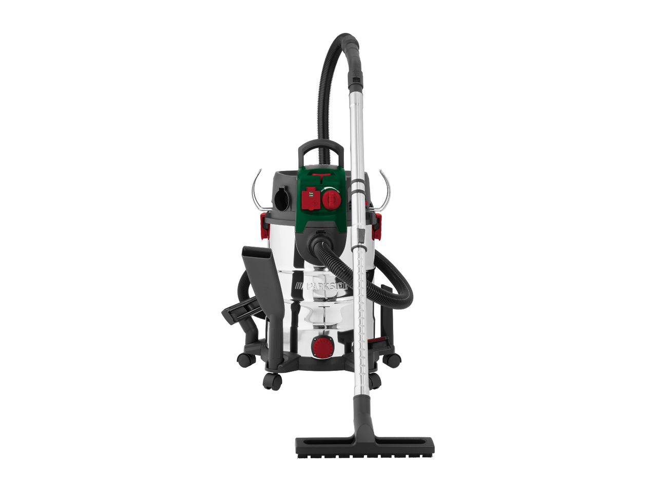 A wet and dry vacuum cleaner with a stainless steel tank and various attachments.